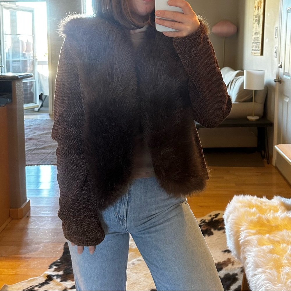 Chocolate Brown Chenille Festival Sweater Jacket with Faux Fur - Picture 4 of 4